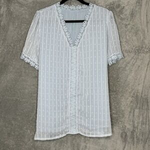 Amazon 2X Top Shirt Blue Solid Striped Short Sleeve V Neck Sheer Embroidered